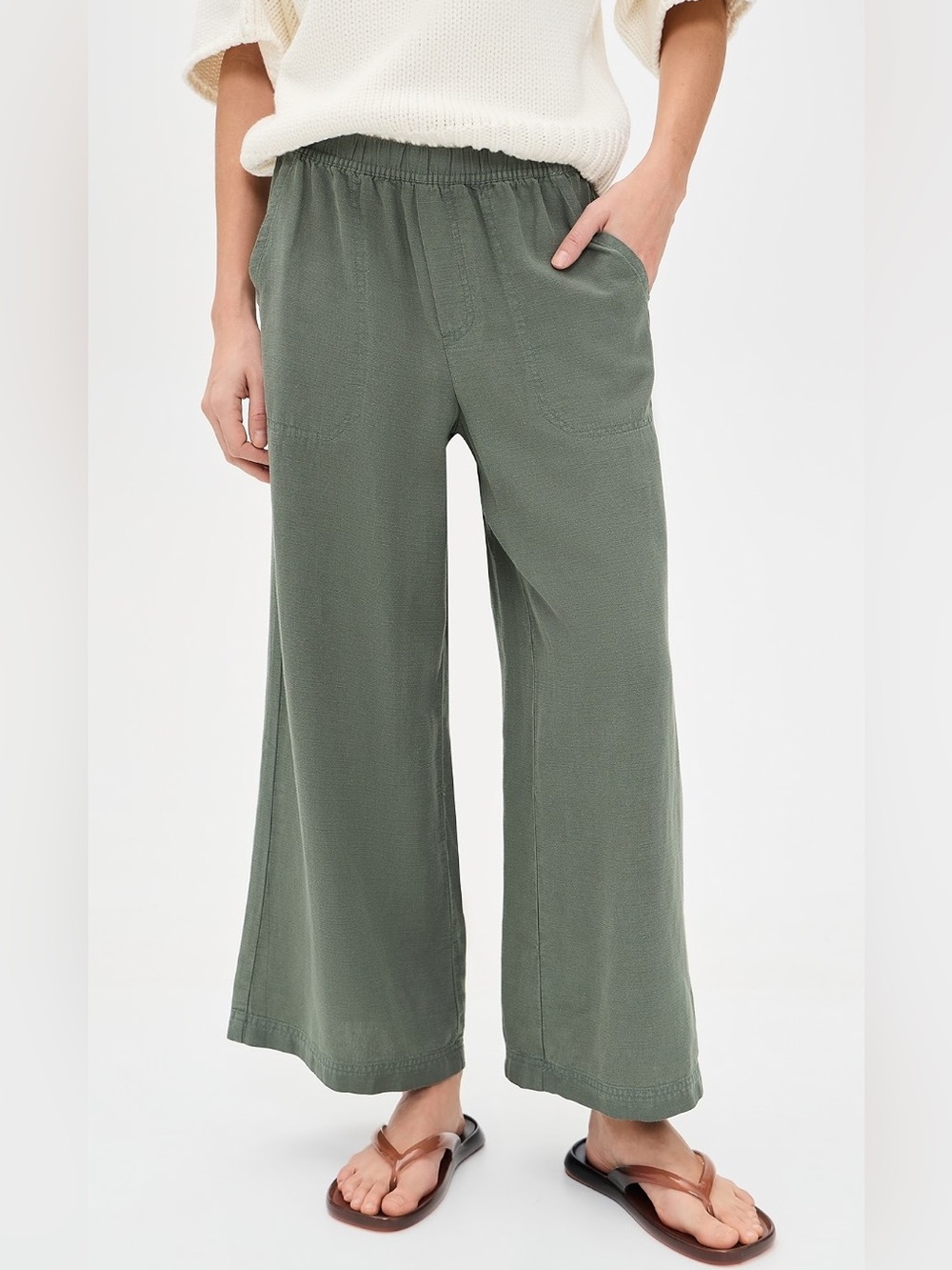 Splendid Palazzo Wide Leg Pull-On Linen Pants in Olive Green S